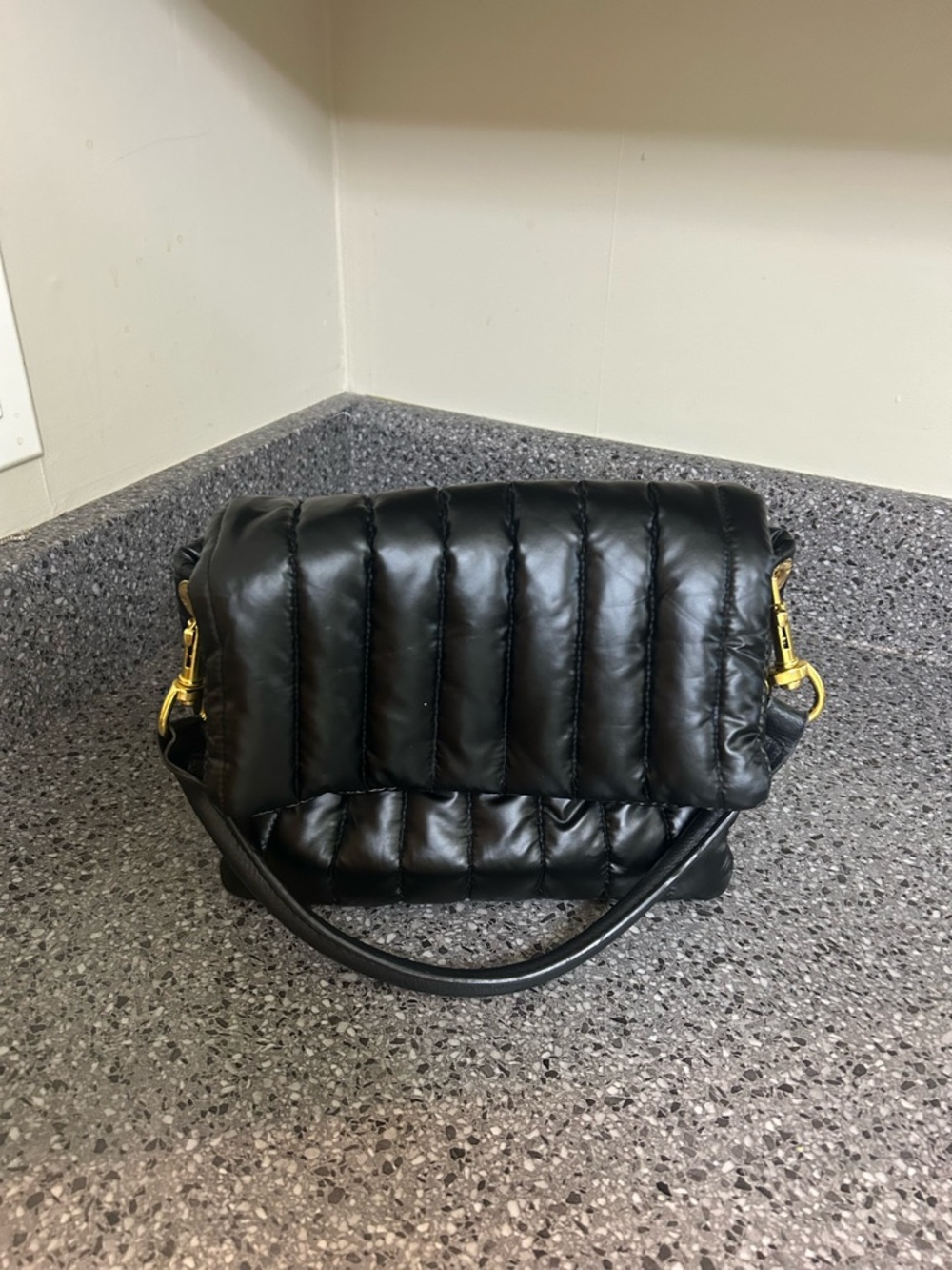 Quilted Flap Shoulder Bag in Black with Gold Hardware